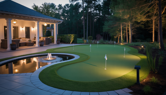 A backyard putting green illuminated by garden lights, with a pond and fountain.