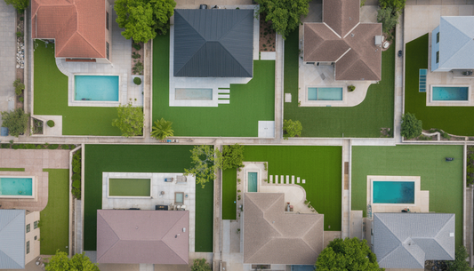 Aerial view of a modern Austin neighborhood with homes featuring uniform, green artificial grass lawns, emphasizing environmental benefits.