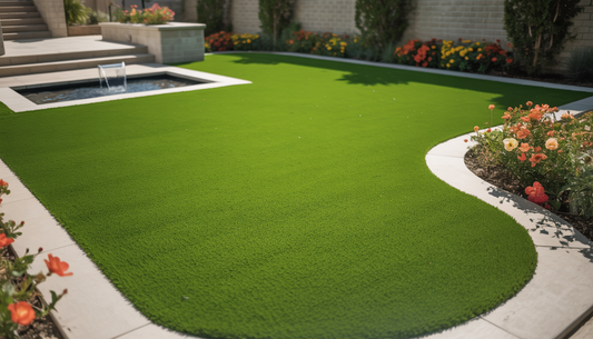 Artificial lawn in a backyard with flower beds and a water feature under a sunny sky.