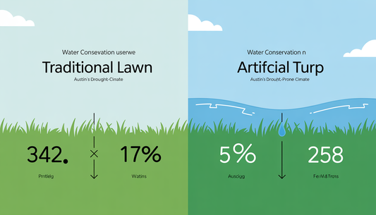 Comparison graphic of water usage between natural and artificial lawns, emphasizing water conservation benefits.