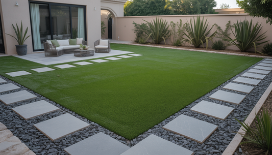 A backyard with artificial grass, stone pavers, and decorative gravel, showcasing a low-maintenance landscaping design.