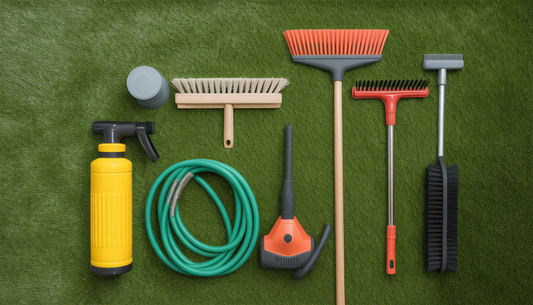 Maintenance tools like a broom and rake on synthetic turf, illustrating the tools needed for easy turf upkeep.