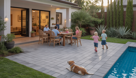 Family enjoying a paver patio with children playing and a pet resting, showcasing its functional and family-friendly design.