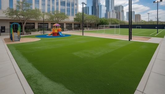 A commercial outdoor space in Austin with artificial turf, including a playground and sports field.