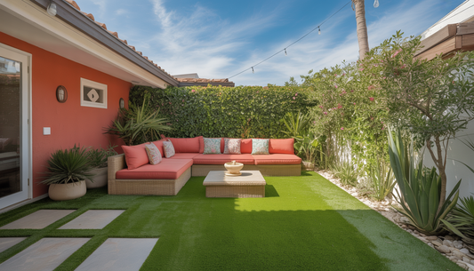 A backyard with artificial turf, colorful seating area, and a decorative fountain under a blue sky.