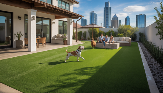 A family and dog enjoying a sunny day on a lush artificial turf lawn in an Austin backyard with a modern home.