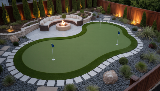 Aerial view of a backyard with a synthetic golf green, seating area, fire pit, and decorative rocks, integrated into the landscape.