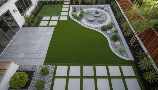 Overhead view of a yard with artificial turf, stone pavers, and water management systems for sustainable landscaping.