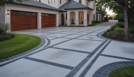A stylish concrete and paver driveway with various paver shapes and colors in a modern suburban setting.