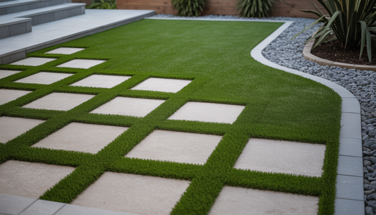 Backyard with patterned artificial grass, seating area, and mixed materials for a modern look.
