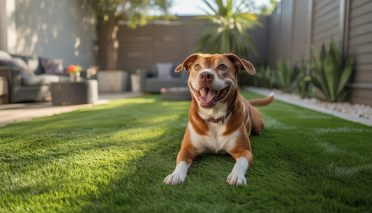 A dog playing on pet-friendly artificial turf in a sunny Austin backyard.