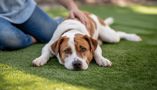 A pet owner and dog on synthetic turf, showcasing the turf's soft and safe qualities.