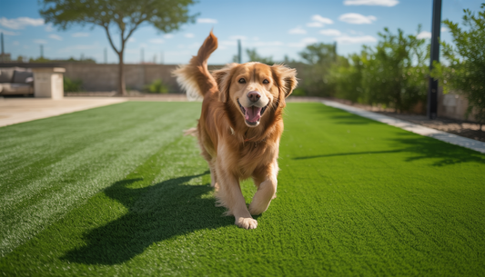 A golden retriever joyfully running on a green artificial lawn in a sunny backyard in Austin, TX.