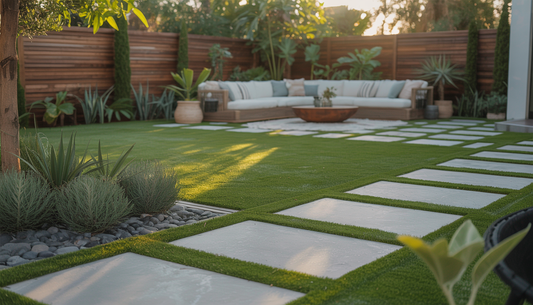 A modern backyard with pavers and artificial grass, featuring a seating area and decorative plants under warm sunlight.