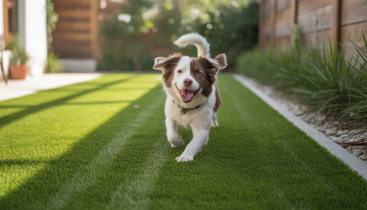 A playful dog running on a pet-friendly artificial turf in a sunny backyard in Austin, TX, showcasing a clean and well-maintained outdoor space.