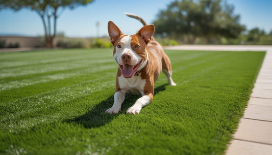 A dog running on pet-friendly artificial turf in a backyard, with a blue sky and trees in the background, illustrating a safe and durable play area.