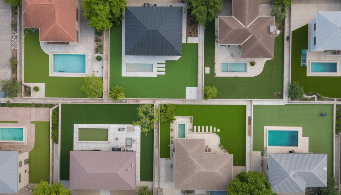 Aerial view of a modern Austin neighborhood with homes featuring uniform, green artificial grass lawns, emphasizing environmental benefits.