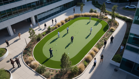 Aerial view of a commercial space with a synthetic putting green at a modern office, with people enjoying the area.