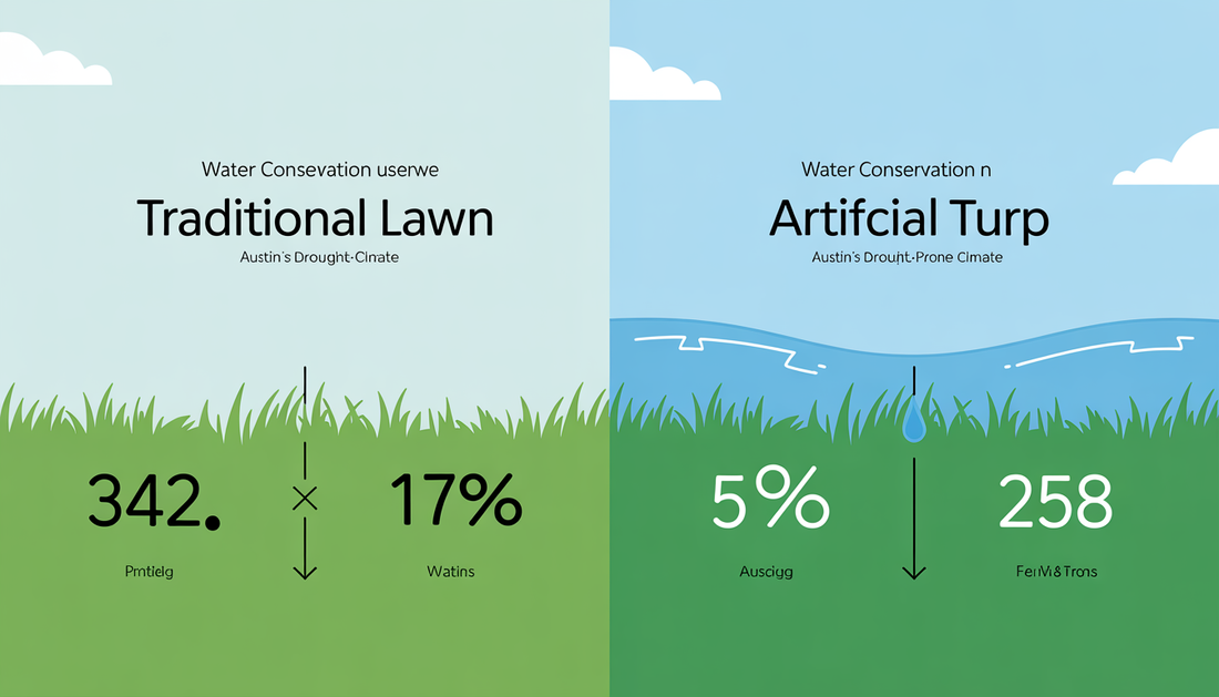 Comparison graphic of water usage between natural and artificial lawns, emphasizing water conservation benefits.