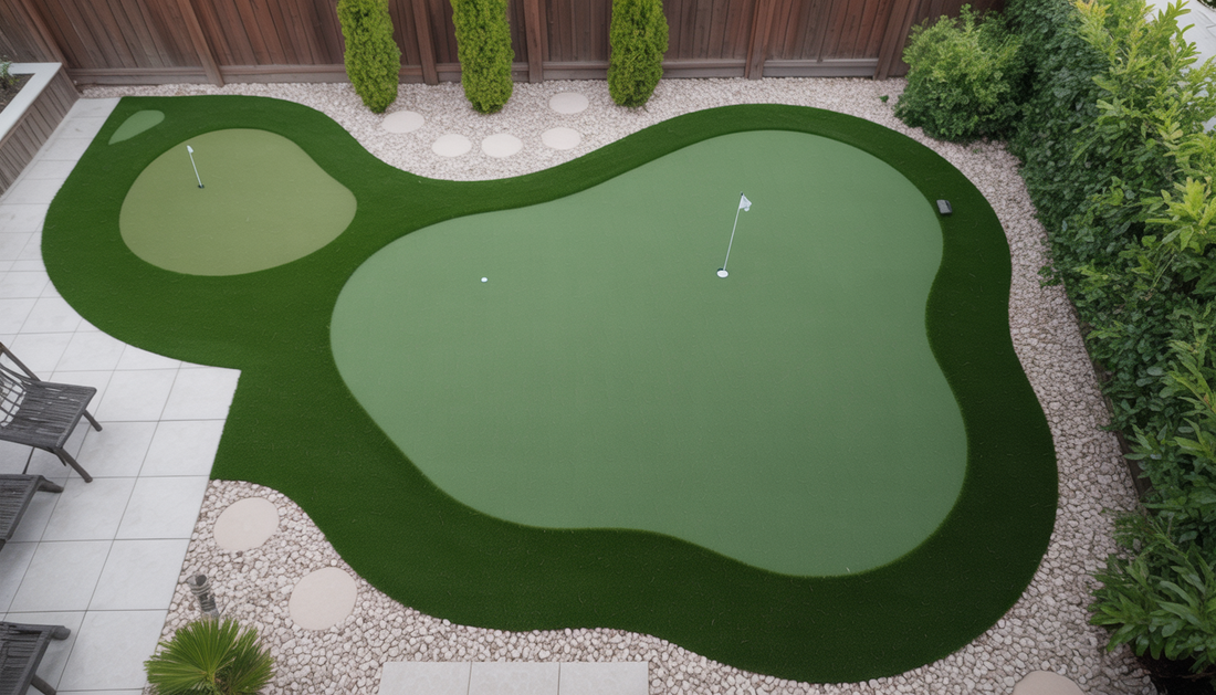 Aerial view of a backyard with a customized synthetic golf green featuring varied textures and slopes.