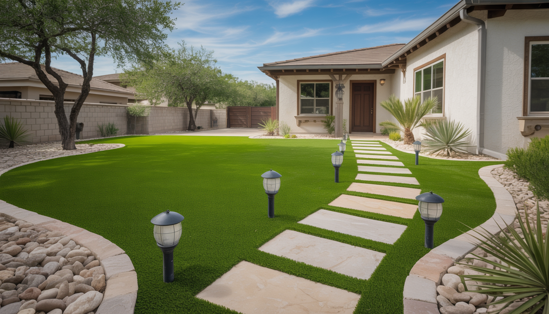 A front yard in Austin, TX with artificial turf, a stone pathway, decorative rocks, and solar lights.