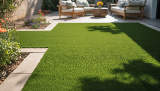 A backyard with vibrant artificial grass, colorful flowers, and outdoor seating under the Texas sun.