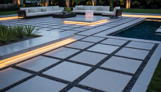 A modern patio with geometric paver design, contemporary furniture, a water feature, and ambient lighting.