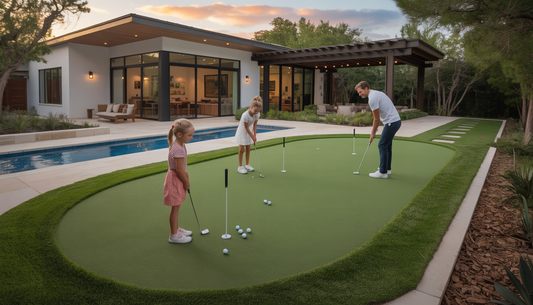 Family enjoying a backyard putting green, with children playing and adults putting, near a modern Austin home.