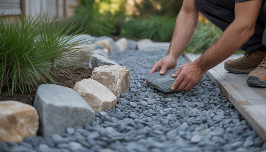 Close-up of a landscaper installing gravel and rocks in a garden.