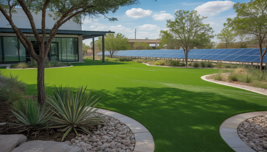 An eco-friendly artificial turf installation in an Austin commercial area, with native plants and solar panels in the background.