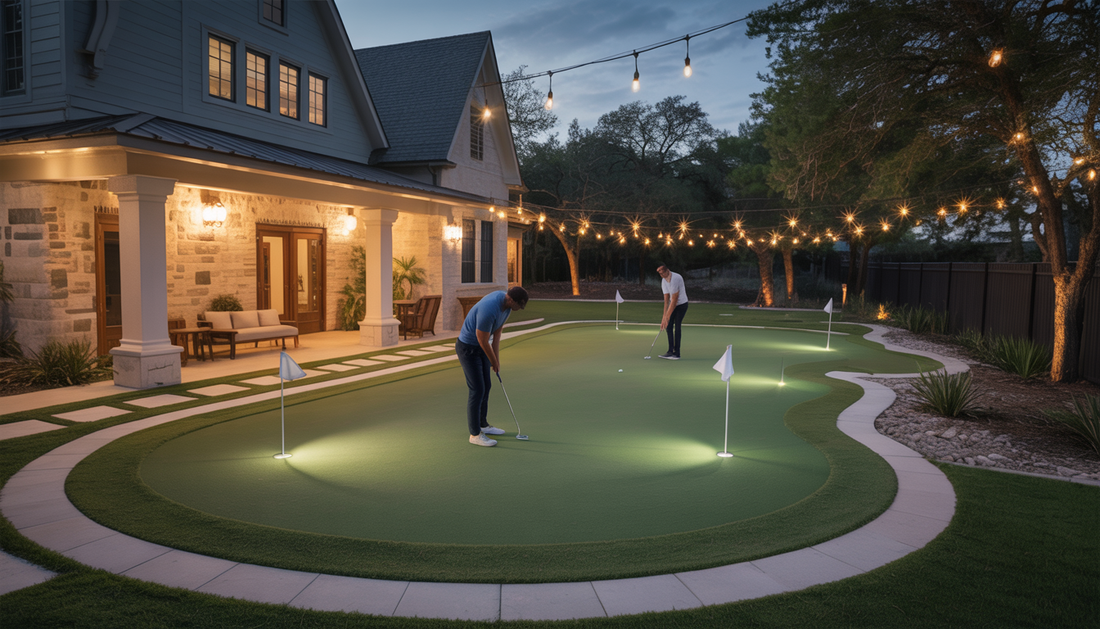 A couple practicing putting on a backyard green in Austin, illuminated by evening lights for a cozy atmosphere.
