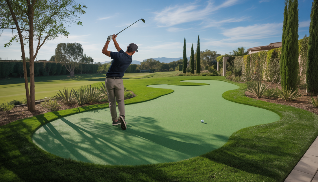 A golfer practicing on a custom synthetic golf green in a landscaped backyard.