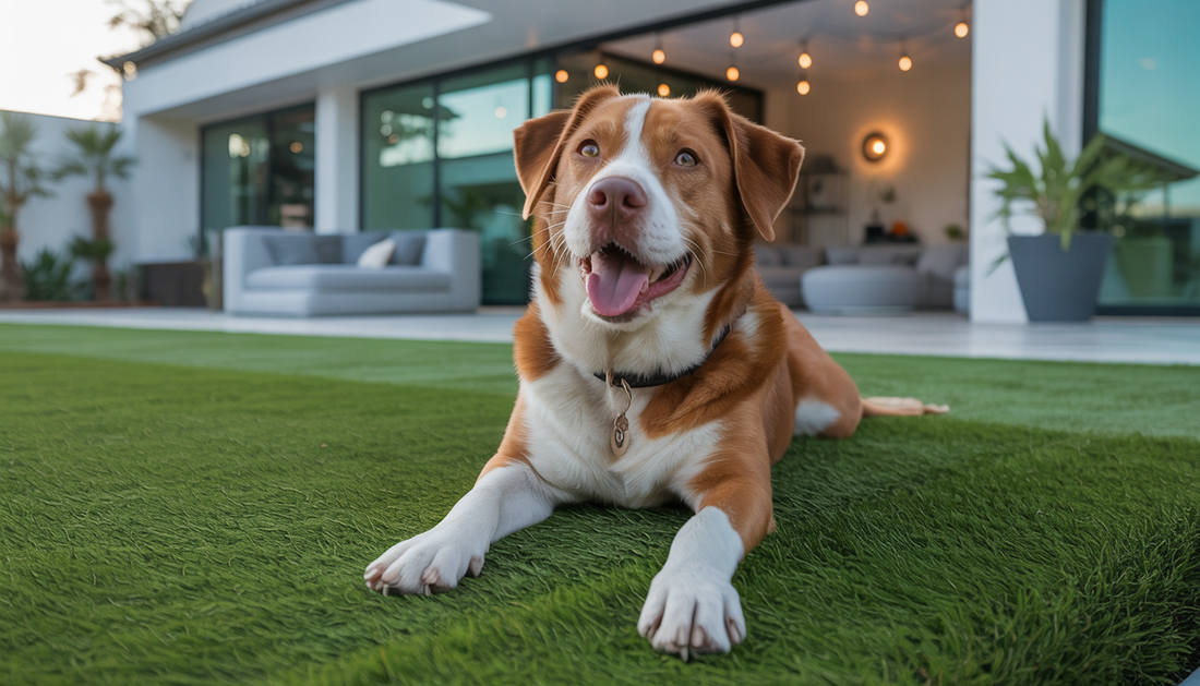 Dog lounging on artificial turf in front of a modern Austin home, highlighting the turf's comfort and cleanliness.