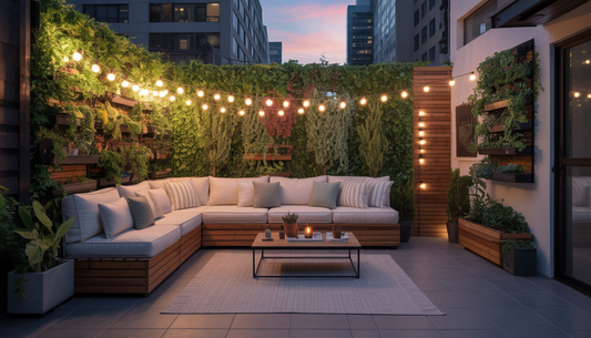 An urban backyard with vertical gardens, multifunctional furniture, and ambient string lights.