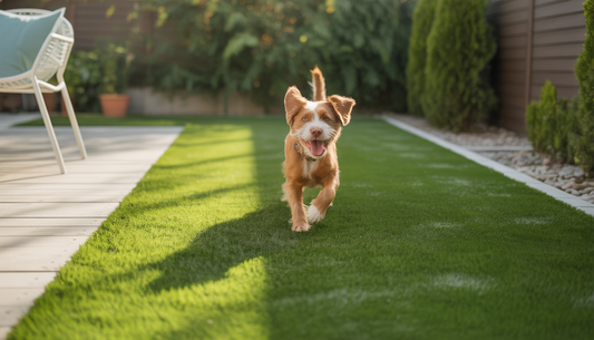A dog joyfully running on a green artificial lawn under the sun, highlighting the turf's durability and pet-friendliness.