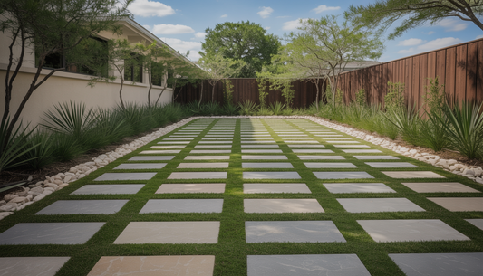 A backyard in Austin, TX with a blend of pavers and grass, showcasing a modern landscape design with native plants.