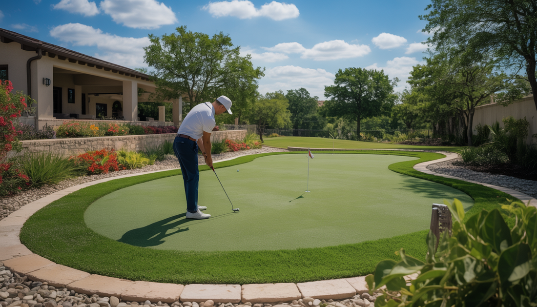 A golfer practicing on a backyard putting green surrounded by colorful landscaping under a clear sky.