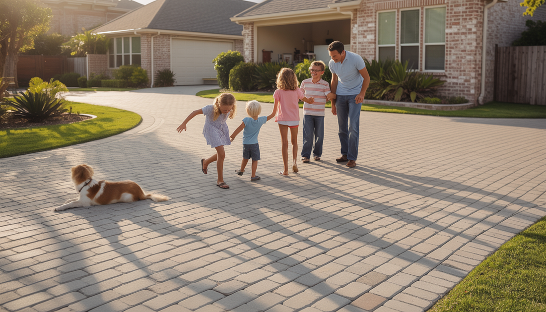 Family and pet on a brick paver driveway, with children playing, highlighting paver durability and family-friendliness.