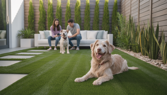A family and their dog enjoying a well-maintained backyard with artificial grass, highlighting its low-maintenance benefits.
