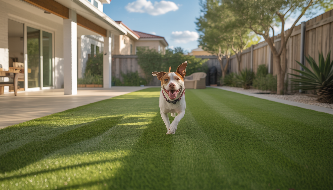 A dog running on pet-friendly artificial turf in a sunny backyard, showcasing a low-maintenance and vibrant outdoor space.