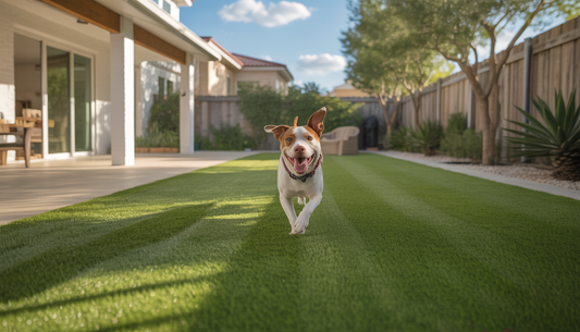 A dog running on pet-friendly artificial turf in a sunny backyard, showcasing a low-maintenance and vibrant outdoor space.