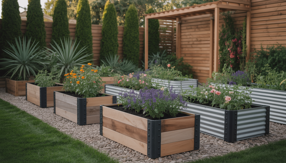 Raised flower bed planters made from sustainable materials in a backyard, highlighting eco-friendly gardening.