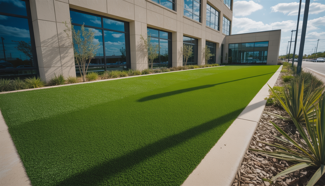 Artificial turf in a commercial setting with a modern building and vibrant green grass under a sunny sky.