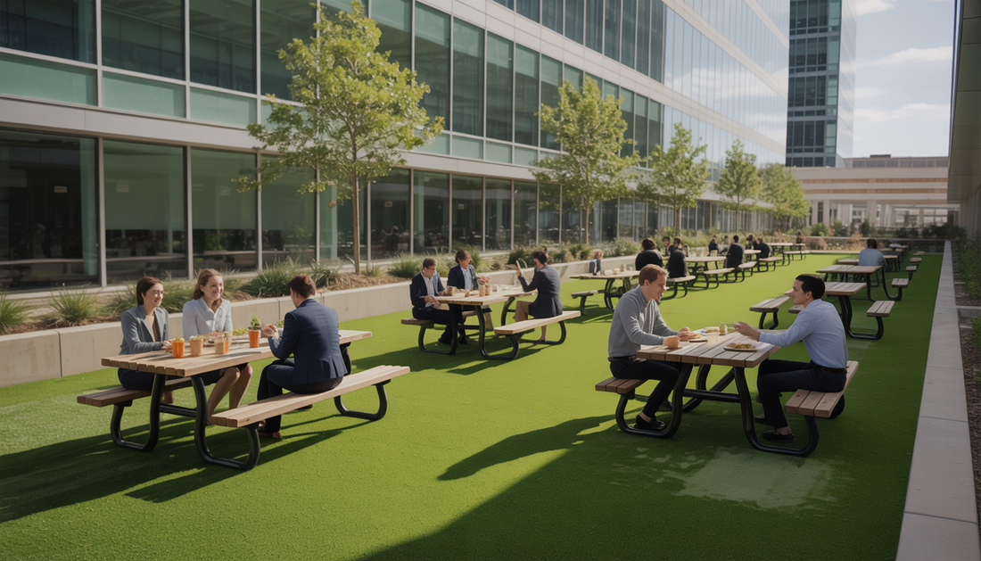 Employees relaxing on artificial turf during a lunch break on a corporate campus.