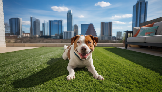 A dog playing on artificial turf in a backyard with Austin's skyline visible.