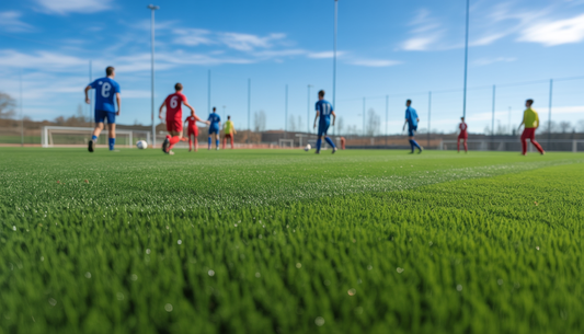 A soccer game on a synthetic turf field under a clear sky, highlighting the field's vibrant and durable appearance.