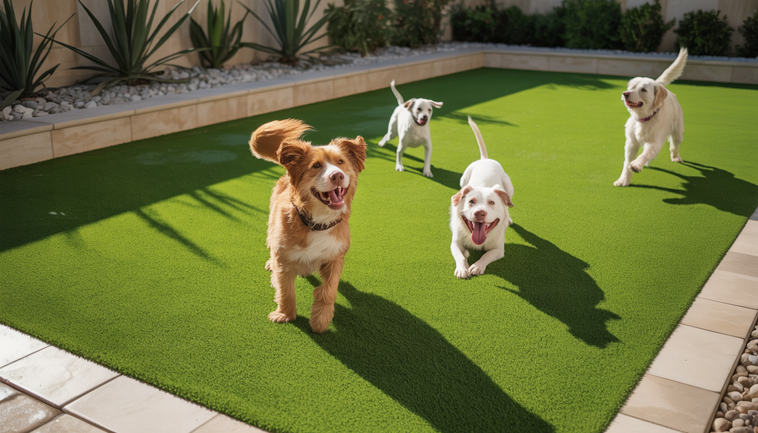 Two dogs playing on artificial turf in a sunny backyard in Austin, surrounded by decorative plants.