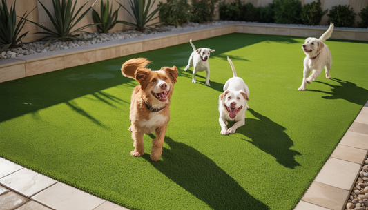 Two dogs playing on artificial turf in a sunny backyard in Austin, surrounded by decorative plants.
