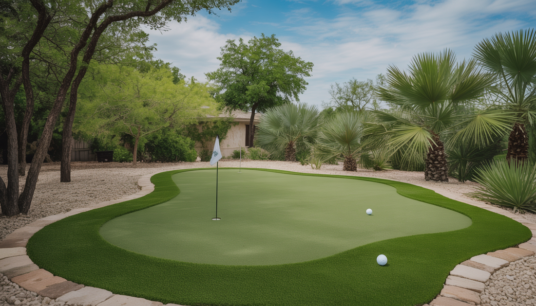 A synthetic golf green in a backyard setting in Austin, TX, with a golf flag and hole, surrounded by local Texas flora under a clear sky.