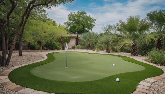A synthetic golf green in a backyard setting in Austin, TX, with a golf flag and hole, surrounded by local Texas flora under a clear sky.